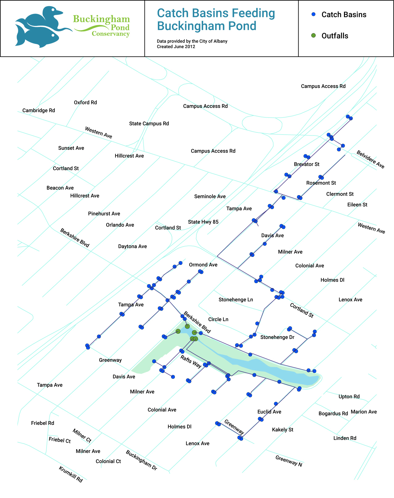Buckingham Pond watershed and catch basin map